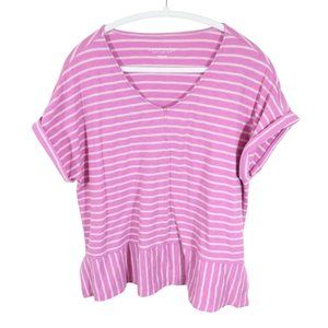 SOFT SURROUNDINGS Bali Breeze V Neck Cotton Tee Top Size Lp In Magenta Stripe